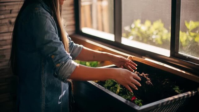 Individual sorting garden clippings and biodegradable material into compost bin in a welllit indoor space focusing on waste separation for composting.