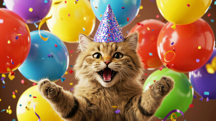 Happy cat celebrating birthday with festive party hat, colorful balloons, and confetti. Pet animal joy for greeting card.