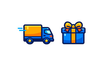 Moving cargo truck delivering a festive present box for express shipping service