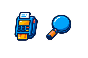 Payment terminal processing credit card transaction next to magnifying glass