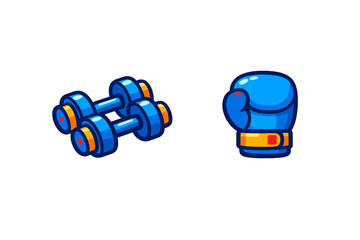 Cartoon blue dumbbells and boxing glove for fitness and strength training