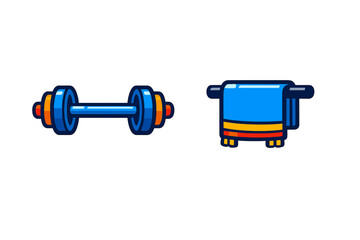 Obraz premium Brightly colored dumbbell and blue towel hanging on a rack for gym and fitness concepts