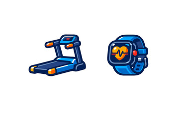 Blue treadmill and smartwatch with heart rate tracking display for fitness equipment set