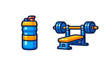 Weight lifting bench with barbell and a blue fitness shaker bottle for gym training