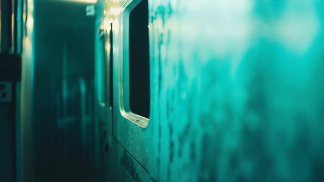 Dark industrial hallway showing a weathered wall covered in water droplets, contrasting with blurred teal and yellow lights, creating a mysterious and gloomy atmosphere