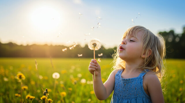 Little girl blowing on a dandelion in a sunny field. Children making a wish and enjoying spring or summer outdoor leisure activity.