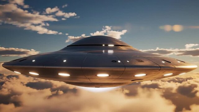 A sleek silver ufo flying through the sky with clouds and sun in the background creating a sense of mystery and exploration