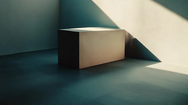 Minimalist geometric structure offers an empty stage for product presentation or architectural interior design, highlighted by a diagonal strong sunbeam casting dramatic shadows