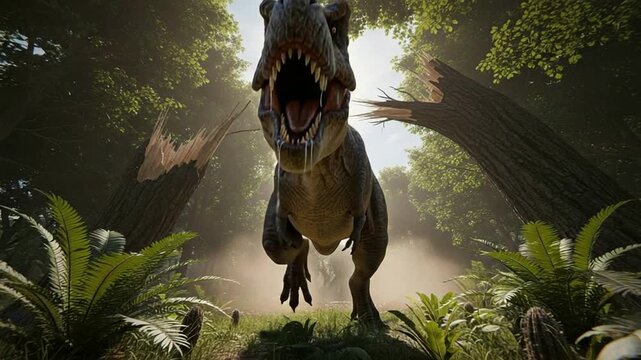 Tyrannosaurus Rex Roaring in Prehistoric Forest Jungle with Broken Trees and Lush Greenery t rex dinosaur