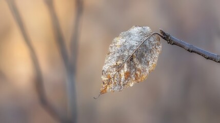 Obraz premium A single dried leaf clinging to a desiccated twig in soft diffused light with muted autumnal colors