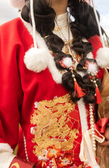 Traditional Chinese clothing at the fair. Lunar New Year parade, Asian community. Festive atmosphere, cultural diversity. Ideal for travel, culture, festival promotion and editorial design