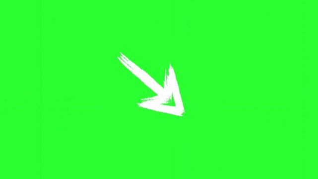 White brush-stroke arrow pointing diagonally downwards on a green screen background