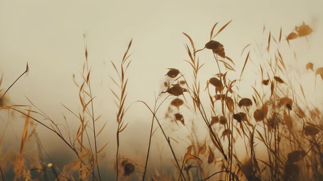 Dried wild grass and reeds creating an abstract natural pattern against a soft, hazy background with warm golden light, evoking feelings of serenity and a tranquil autumn mood