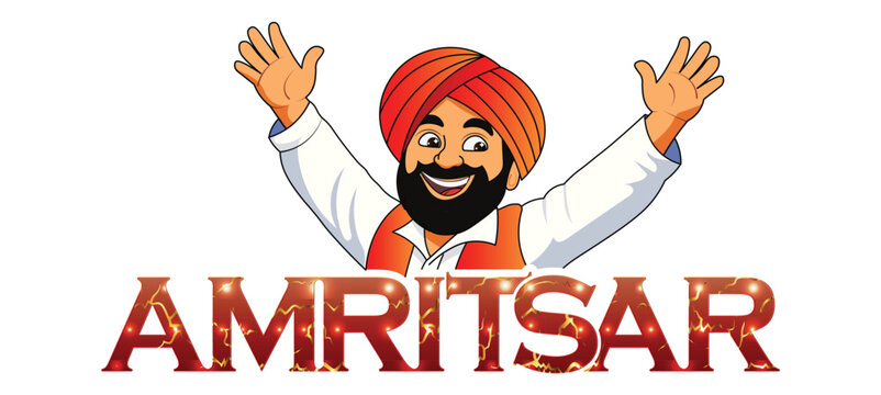 Amritsar city typography with happy Punjabi Sikh man cartoon character vector Illustration 