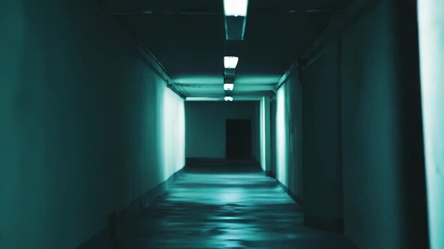 Long, empty corridor creating a sense of confinement, loneliness, and the unknown, with fluorescent artificial lights illuminating the textured walls and floor, vanishing into the distance