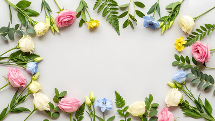 Fototapeta premium Floral Border Frame with Green Leaves and Flowers on White Background