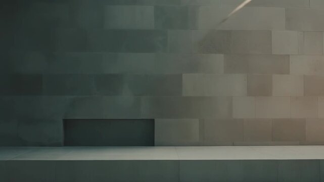 Minimalist architectural background showing a textured stone wall with a rectangular niche and platform, bathed in a strong diagonal beam of sunlight creating a dynamic interplay of light and shadow