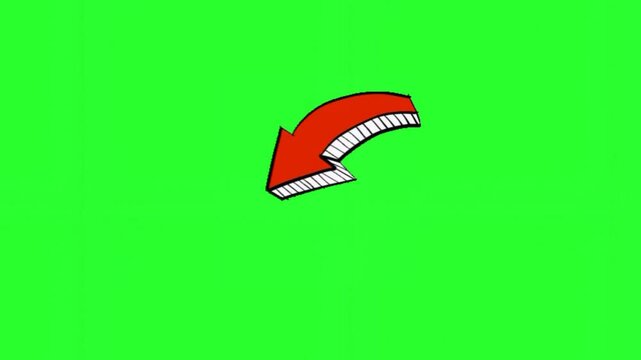 Hand-drawn red arrow animation pointing up and growing on a green screen background