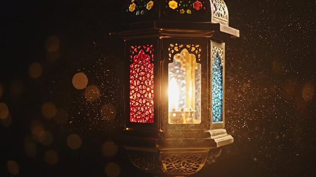 Close up slow motion video of an ornate glowing moroccan lantern with intricate cutouts casting warm light and shadows