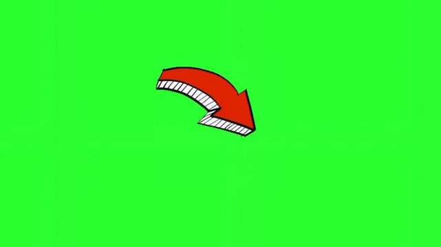 Hand-drawn red arrow animation pointing up and growing on a green screen background