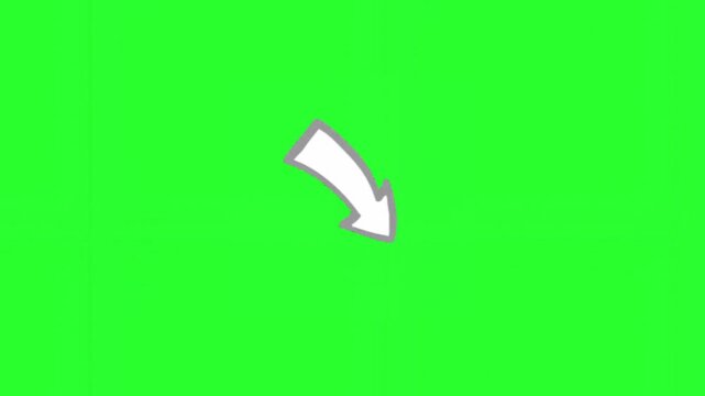 White brush-stroke arrow pointing diagonally downwards on a green screen background
