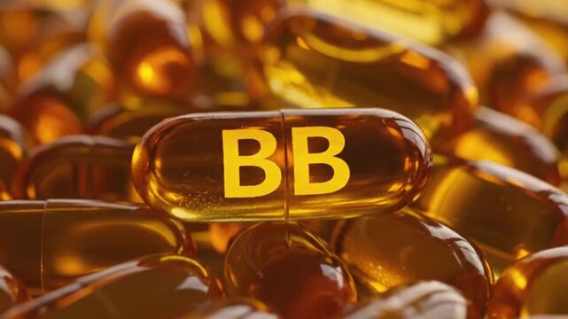 A closeup of ambercolored capsules with bb on one of them lying on top of other capsules