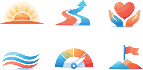 Symbolic Progress Montage. Hope-driven progress composition expressing positive change momentum, six symbolic objects arranged in