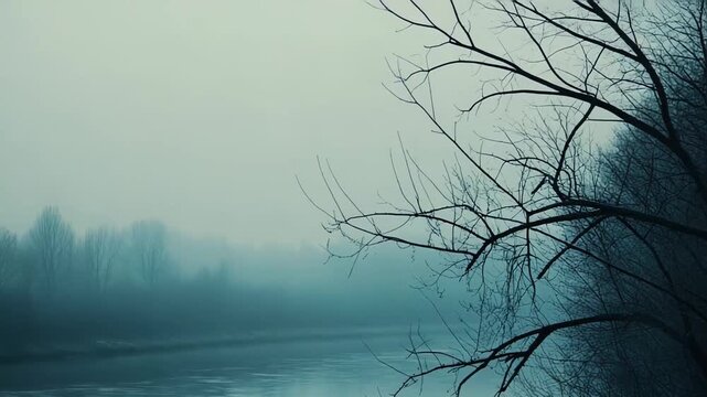 Serene landscape showing a calm river reflecting bare tree branches on a cold, misty morning, creating an atmospheric and tranquil scene with a muted color palette