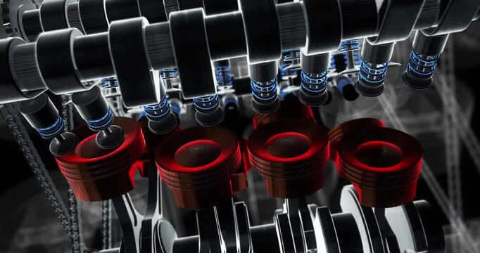 Car Hood Opening Engine Bay Powerful V8 Engine Animation. Industry And Technology Related 3D Animation.