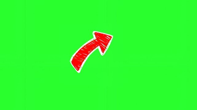 Hand-drawn red arrow animation pointing up and growing on a green screen background