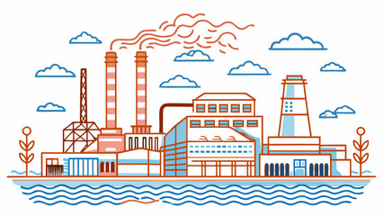 Naklejka premium Nuclear power plant and energy production line art. Atomic power station vector illustration