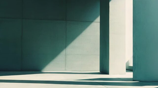 Concrete walls and structural columns forming a dramatic play of strong natural light and dark shadows, highlighting the clean lines and minimalist design of an empty contemporary interior space