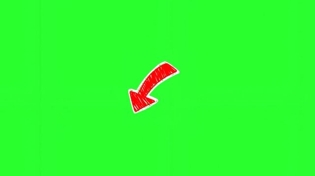 Hand-drawn red arrow animation pointing up and growing on a green screen background
