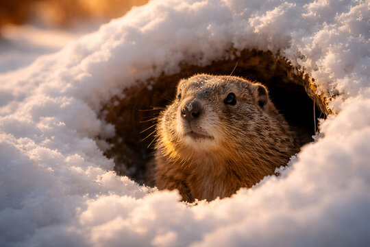 Groundhog Day, Ground Hog Peeking from Hole in Snow