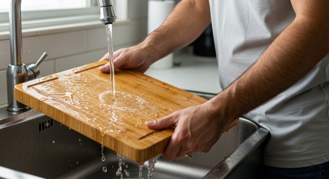 Man washing a wooden cutting board under running water in a kitchen sink, cleaning a kitchen utensil for cooking and hygiene in a home environment.