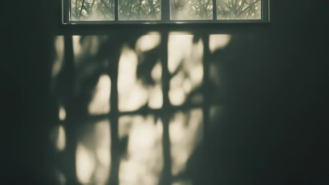 Sunlight creating abstract patterns of window frame shadow and leaf reflections on a bare wall and floor, illuminating an empty interior space with natural light and contrasting darkness