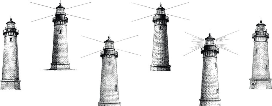 Engraving art collection of six vintage lighthouse illustrations with beams of light vector