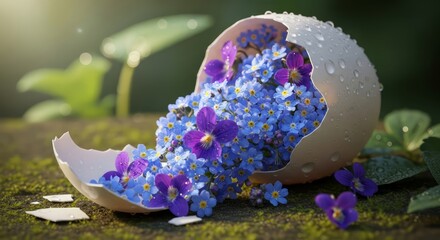 A surreal Easter composition with forget-me-nots and violets spilling out of a broken eggshell onto moss. AI generated.
