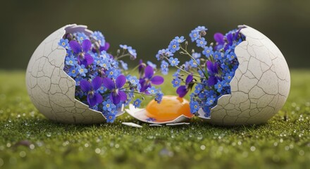 A surreal Easter composition with forget-me-nots and violets spilling out of a broken eggshell onto moss. AI generated.
