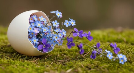 A surreal Easter composition with forget-me-nots and violets spilling out of a broken eggshell onto moss. AI generated.
