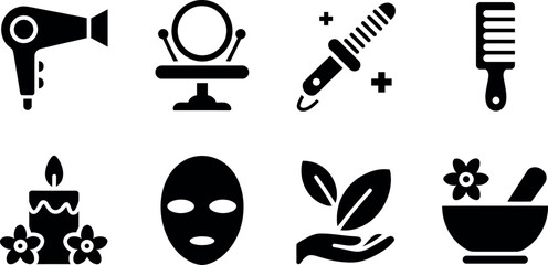 Collection of black flat icons representing beauty and wellness treatments isolated on white