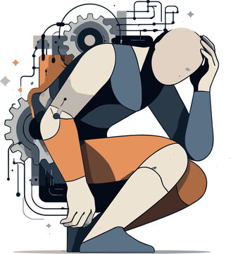 Abstract geometric figure partially aligns with machine geometry becoming rigid form suggesting internalization of artificial