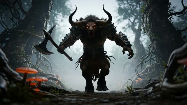 Mythical creature minotaur monster with horns and axe walking through dark forest with mushrooms bull