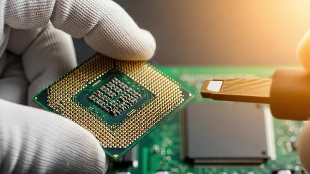 Gloved hand holding a computer microchip on a circuit board