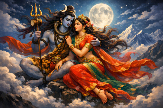 Shiva Parvati Under Moonlight, Hindu God and Goddess Art