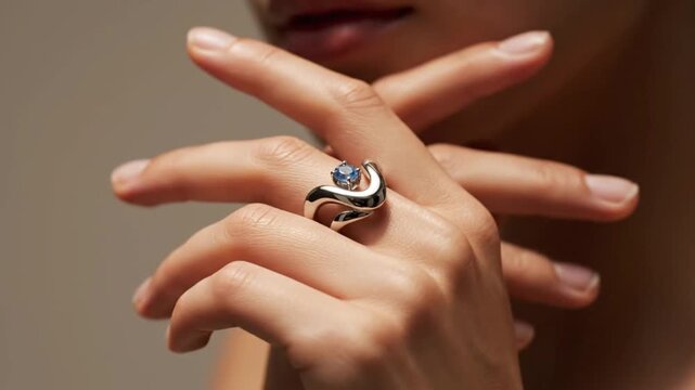 Woman showcases a stunning, modern sterling silver ring featuring a brilliant blue gemstone accentuating her delicate fingers beautifully.