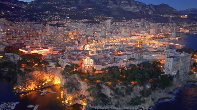 Aerial Hillside Skyline And Coastal Bay Drone Sweeps Across Ornate Palace. Monaco