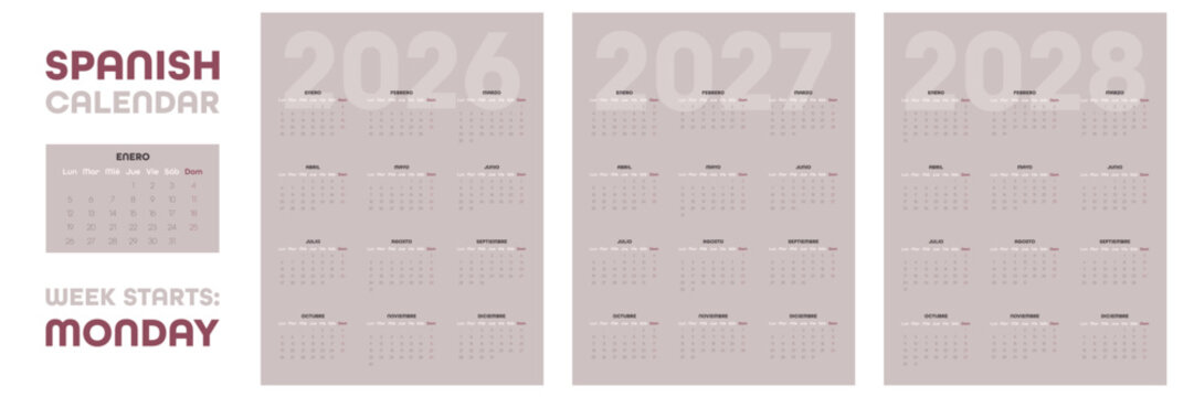 Spanish calendar 2026, 2027, 2028 with clean minimal layout. Desk planner template featuring all months from January to December. Vector design for Spain and Mexico markets.