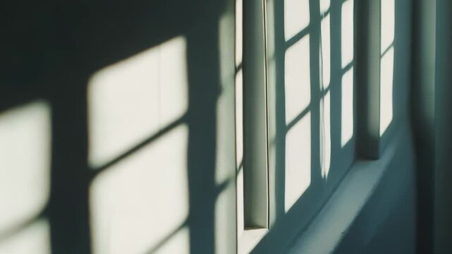 Morning sunrays shining through window frames creating geometric shadow patterns on a light blue grey interior wall, suggesting peace, quiet, and domestic comfort