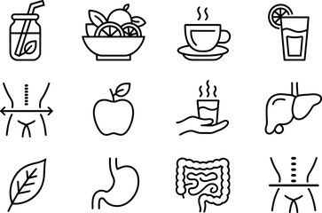 Healthy lifestyle icons depicting nutrition hydration and organ health with a clean transparent background